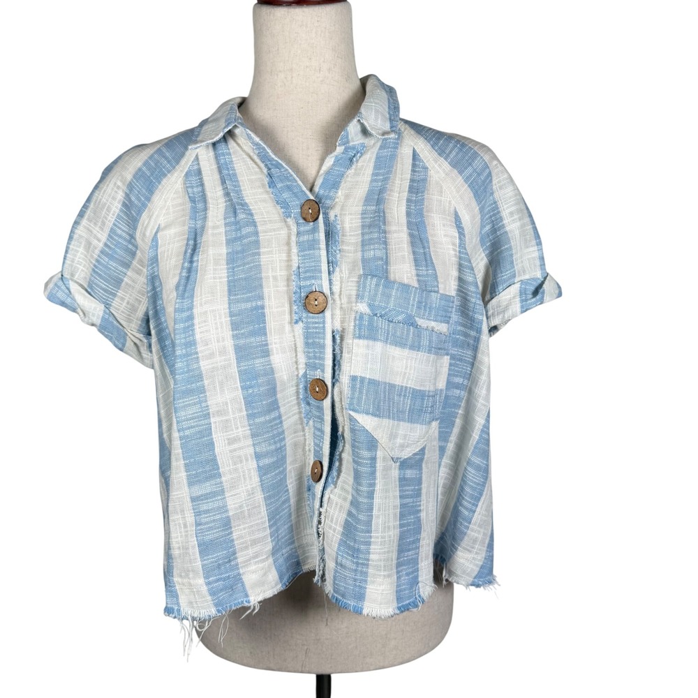 Free People Blue and White Striped Button-Down Shirt